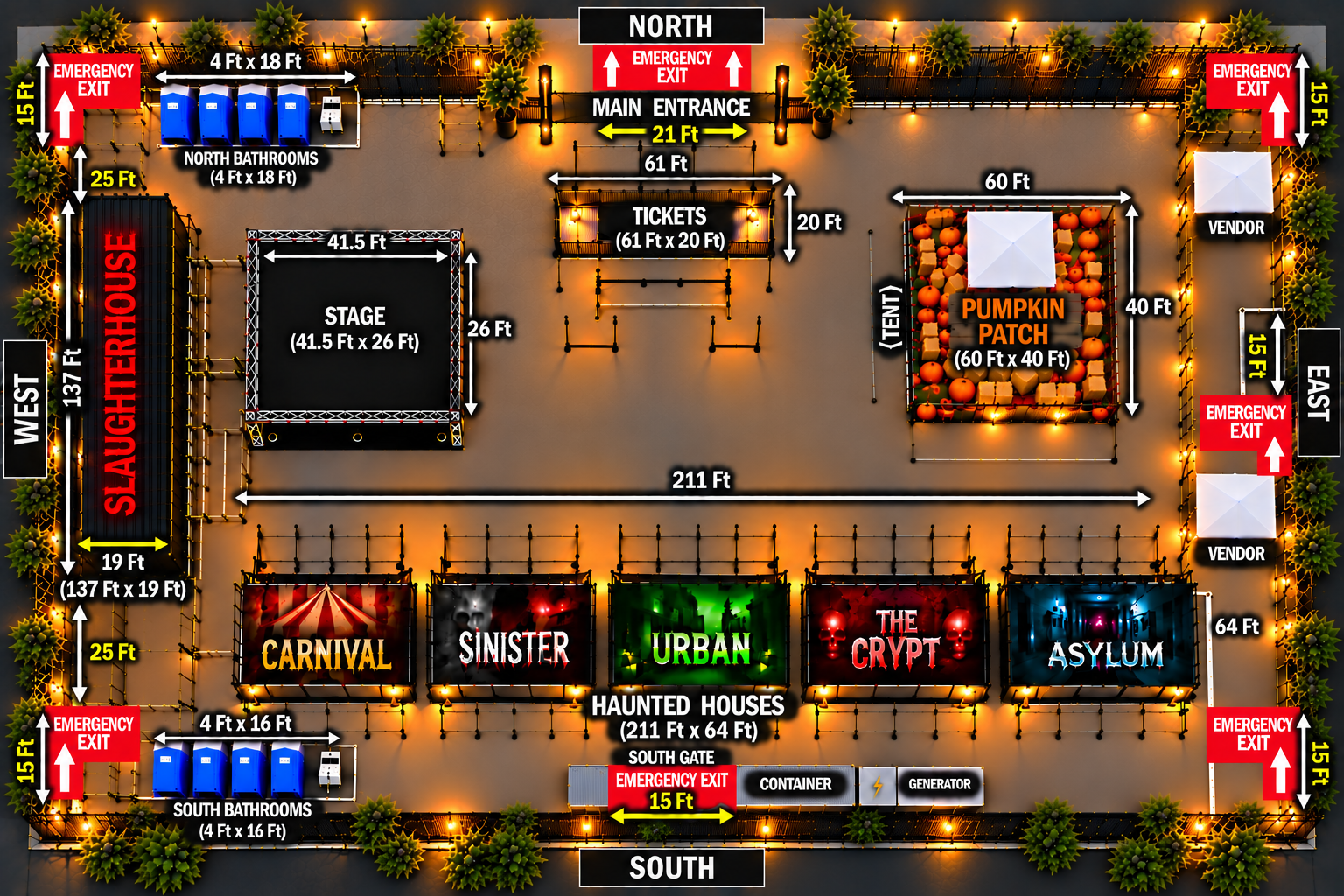 TNT & The Crypt 2026 venue floor plan — overhead map showing main entrance, haunted houses (Carnival, Sinister, Urban, The Crypt, Asylum), Slaughterhouse, stage, pumpkin patch, ticket booth, bathrooms, emergency exits, and vendor areas