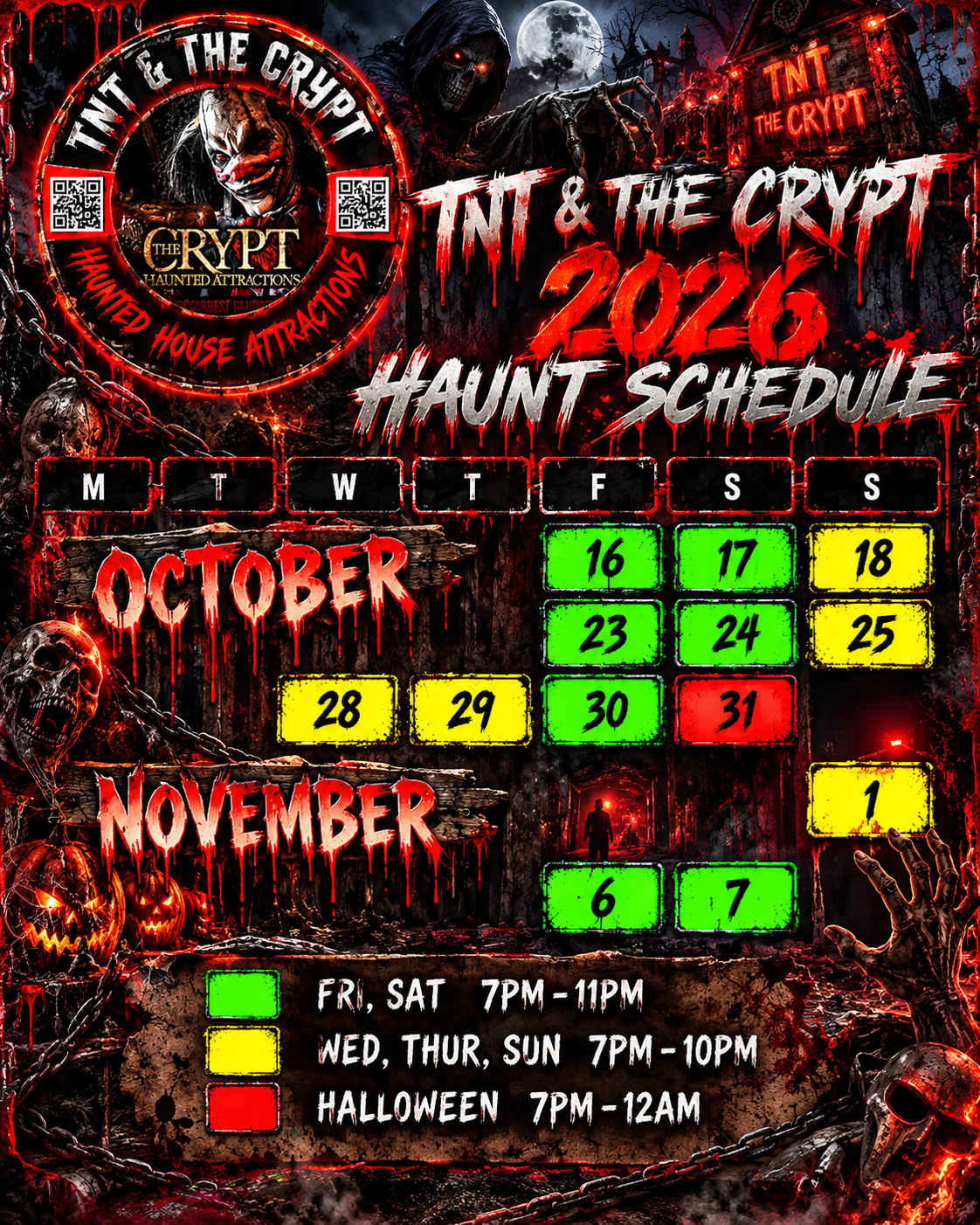 TNT & The Crypt 2026 Haunt Schedule — October and November open dates with color-coded hours